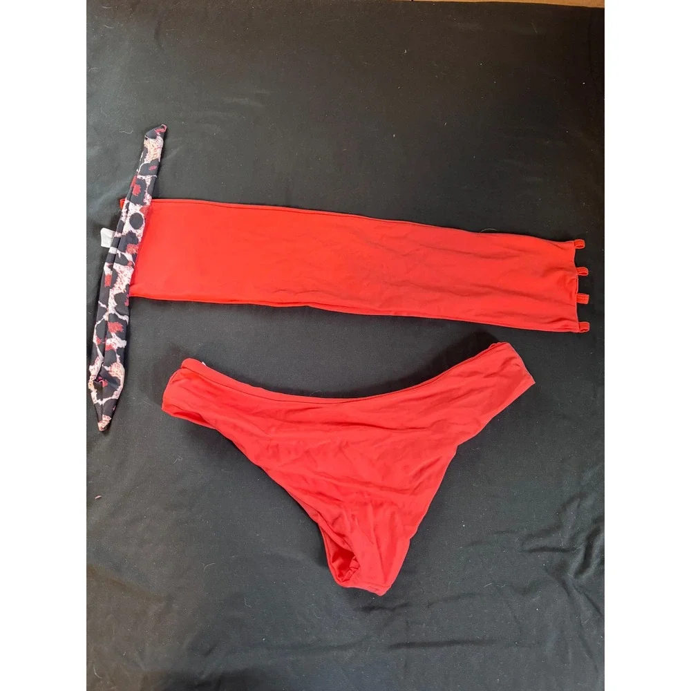 Red Bandeau Bikini Set with Leopard Print Tie‎ Accent Small Two Piece Swimsuit